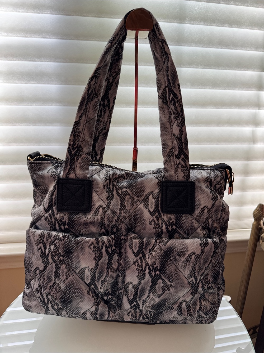 Quilted Snake-Print Tote Bag in Gray